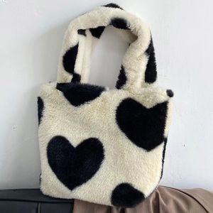 Y2K FASHION BLACK FLUFFY HEART PATTERN TOTE BAG